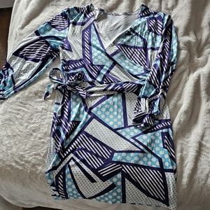 Geometric Faux Wrap Dress with Belt, Size 2XL